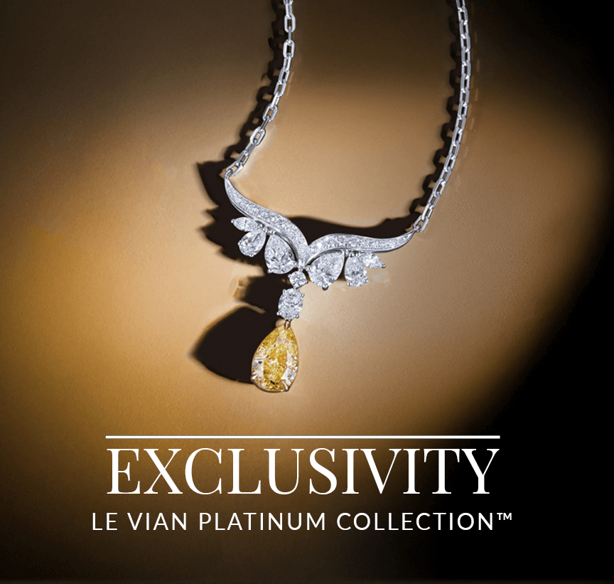 Elegant platinum necklace with white and yellow diamonds, featuring a floral-inspired design, from Le Vian’s Platinum Collection.