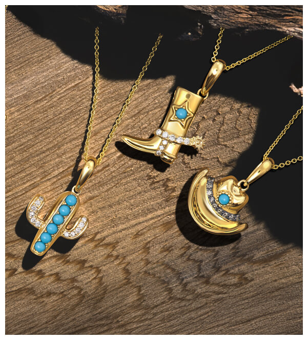 Three Southwestern-themed gold necklaces featuring turquoise gemstones: a cactus pendant with pavé diamonds, a cowboy boot pendant with a star accent and spur detail, and a crescent moon with a cowboy hat and turquoise stone. Displayed on rustic wood to evoke the spirit of the American Southwest.