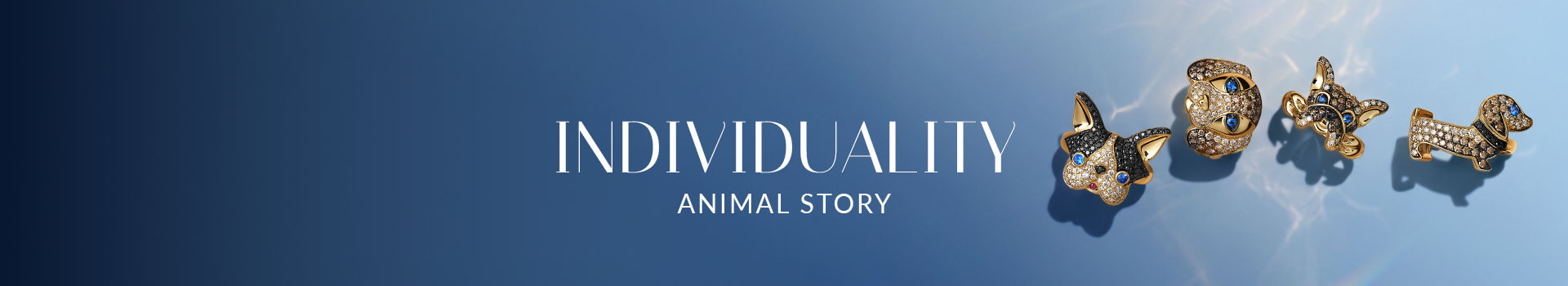 Le Vian® animal-inspired jewelry designs, including dog and cat motifs, arranged on a soft blue background with light reflections.