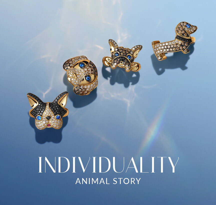 Le Vian® animal-inspired jewelry designs, including dog and cat motifs, arranged on a soft blue background with light reflections.